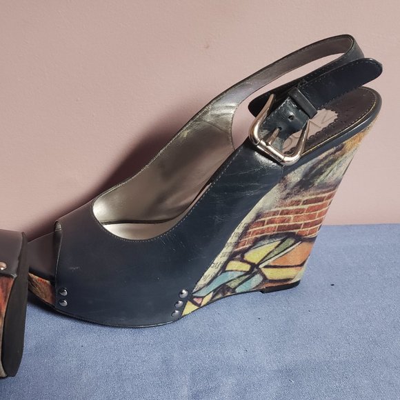 ZINC Dark Teal Blue Leather Peep Toe 5" Platform Wedge Heels Shoes 9.5M - Picture 1 of 5